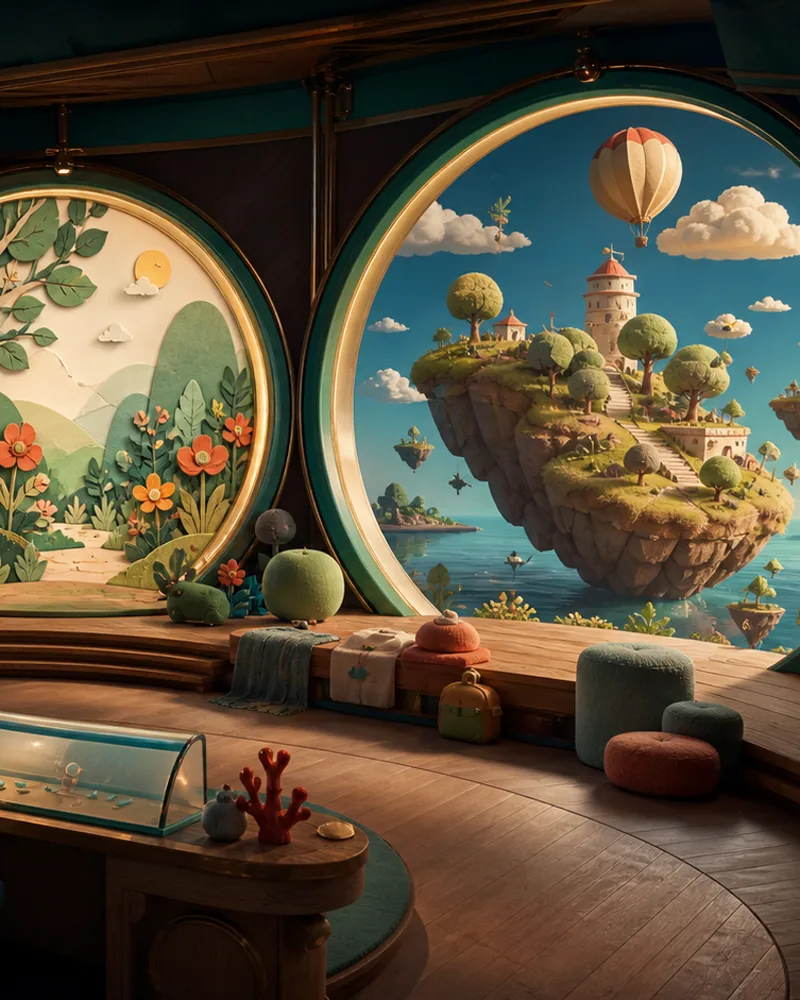 Two circular portals open onto illustrated rehearsal worlds inside the Backstage TP concept studio