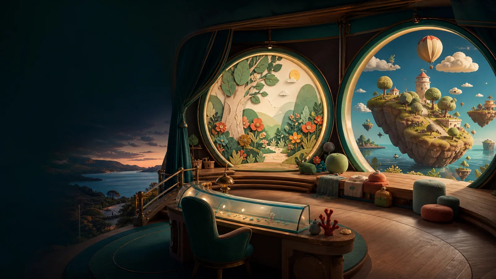 A detailed studio opening into imaginative practice worlds