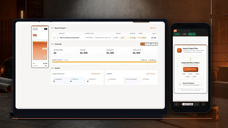 QuoteMaker workspace shown across desktop and mobile screens